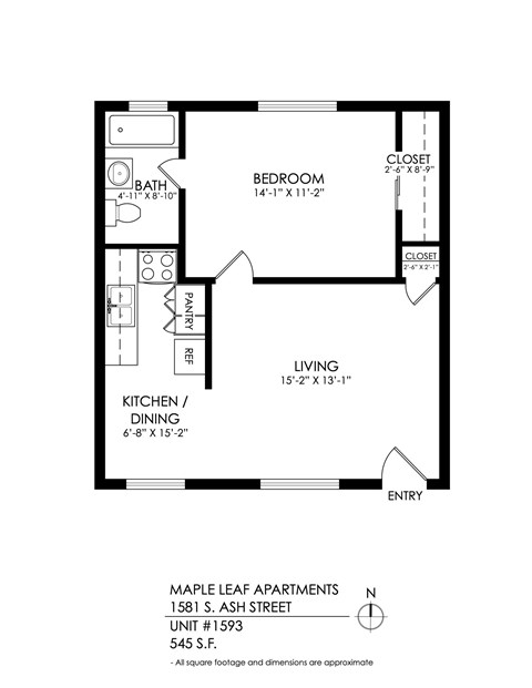 Floor plan for 1 bed, 1 bath, 575 sqft